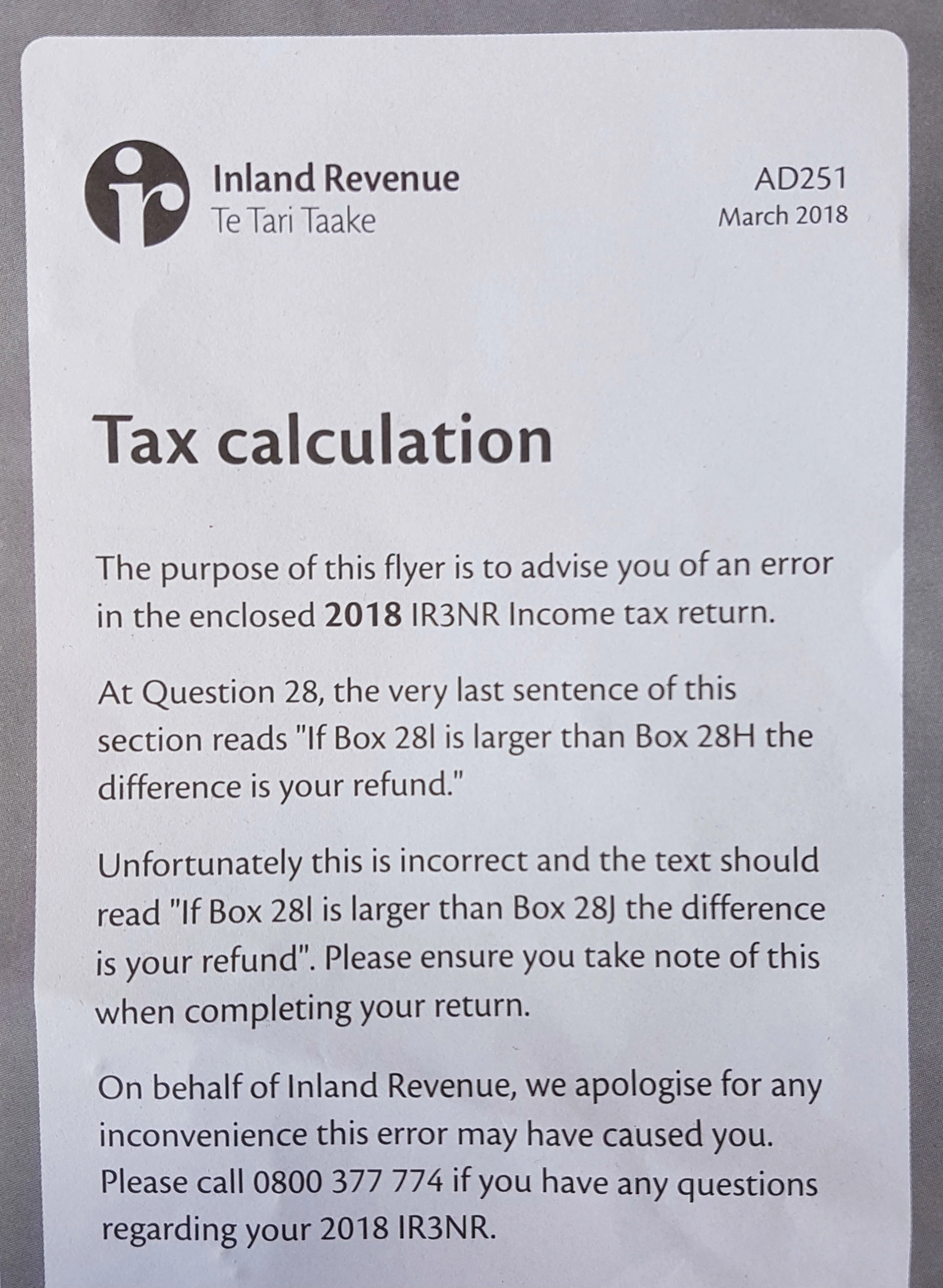 Inland Revenue tax return form correction insert