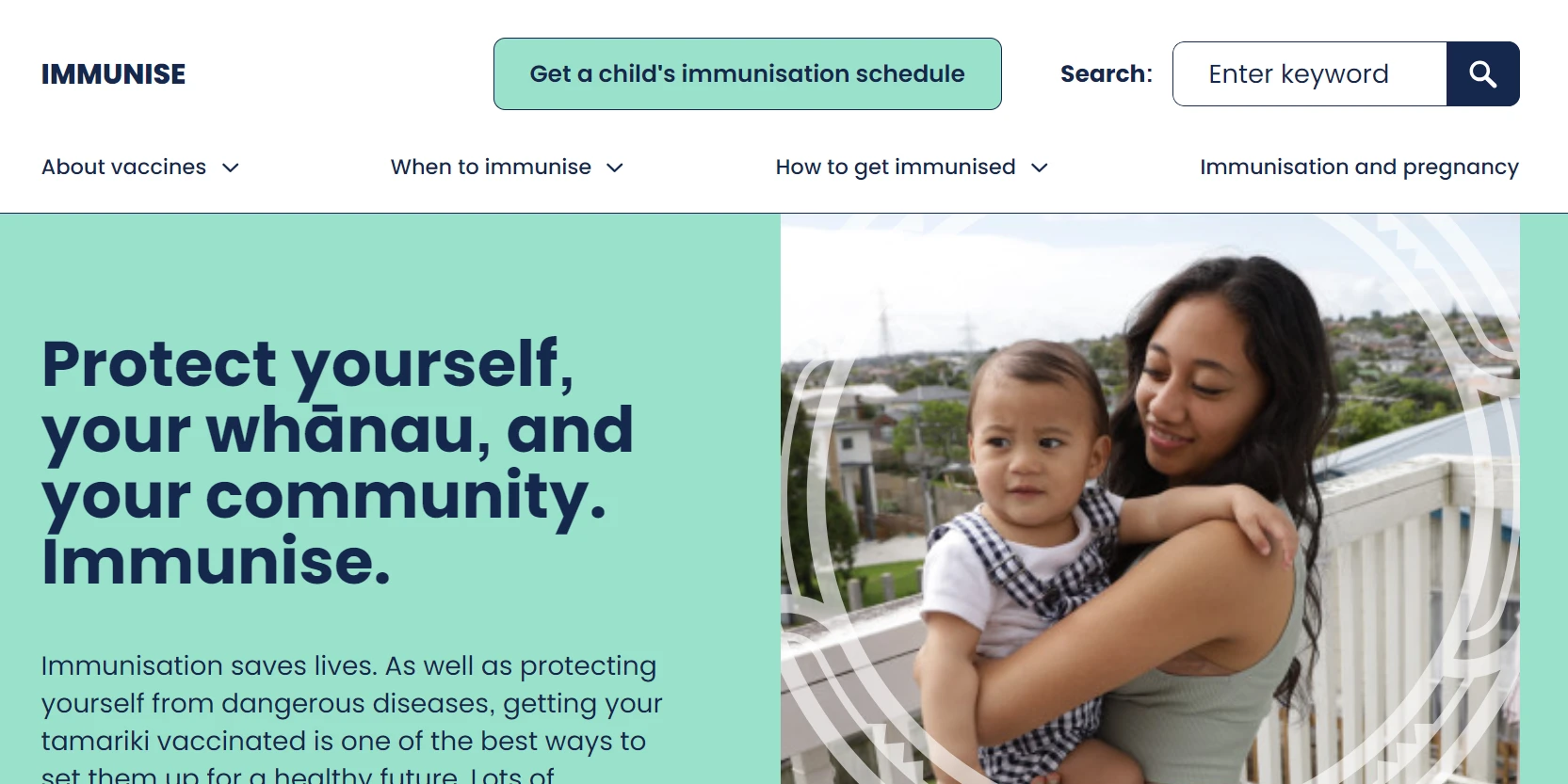 Screenshot of Immunise website homepage
