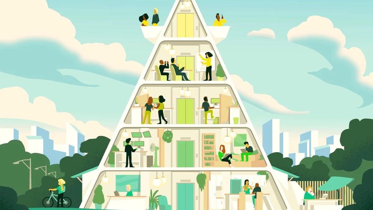 Five-storey triangular office building, green and peaceful