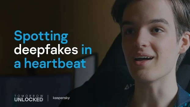 Young programmer headshot overlaid with "Spotting deepfakes in a heartbeat"